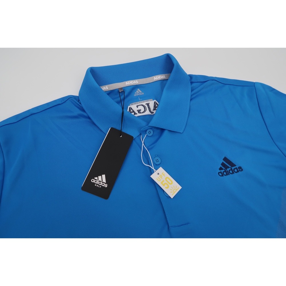 Adidas Golf Mens Large Blue‎ Bold 3 Stripe UPF 50 Performance Polo Shirt New